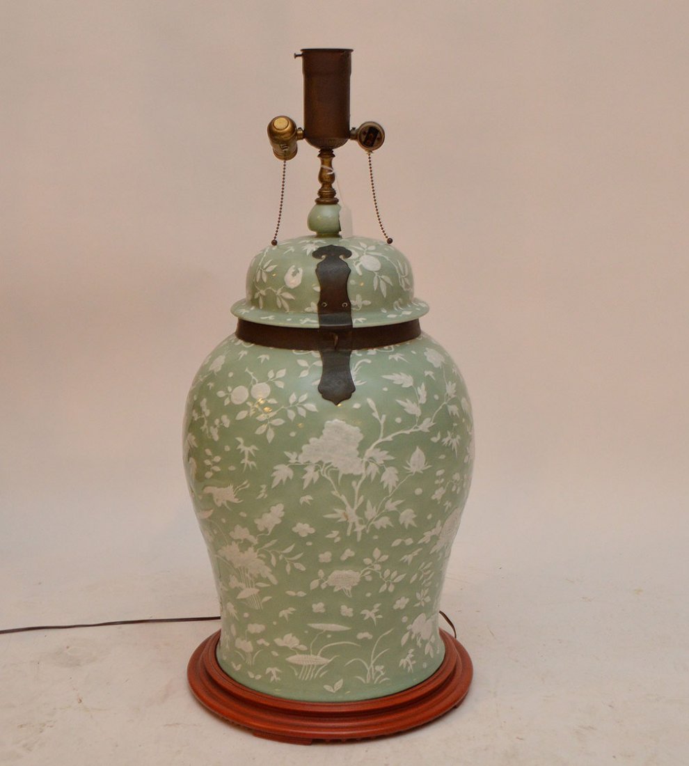 Chinese oversized celadon color lamp with pate sur pate (1 of 5)
