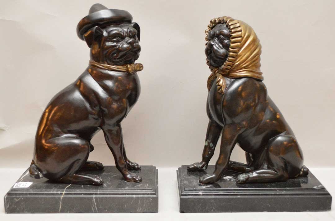 Pair decorative bronze seated whimsical pug dogs on (1 of 3)