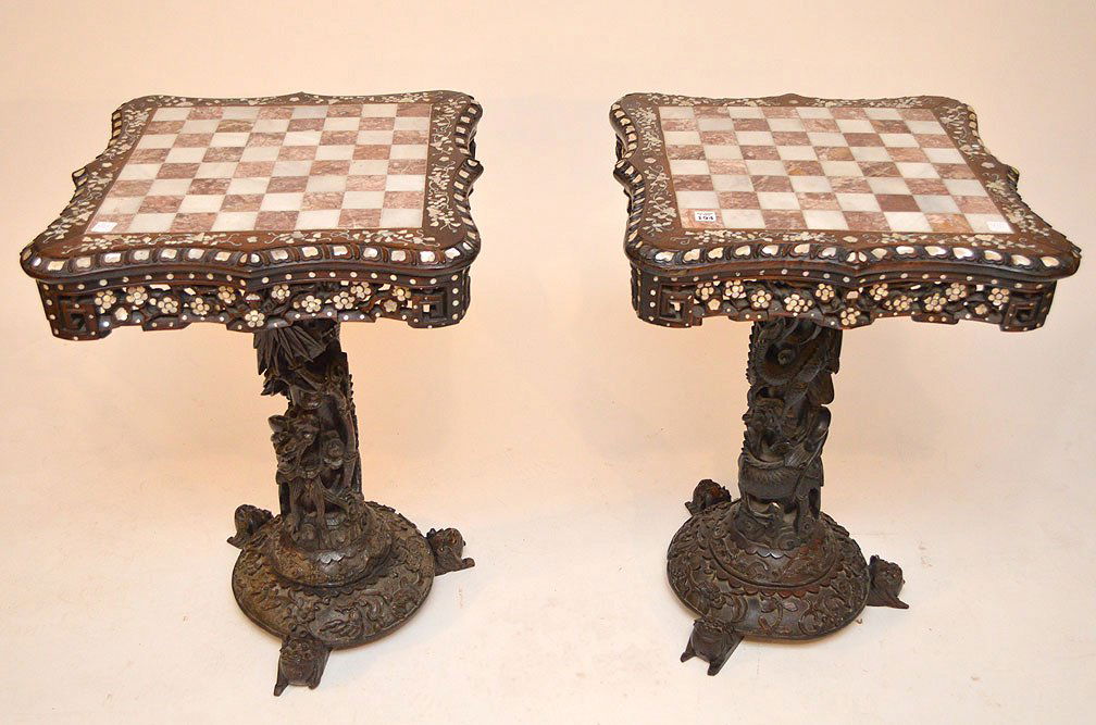 Pair Chinese game tables, finely carved supports and (1 of 8)