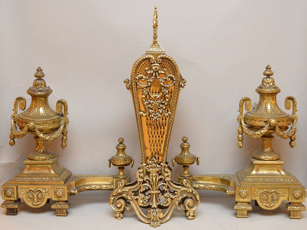 Pair of decorated andirons AND fire screen (1 of 5)