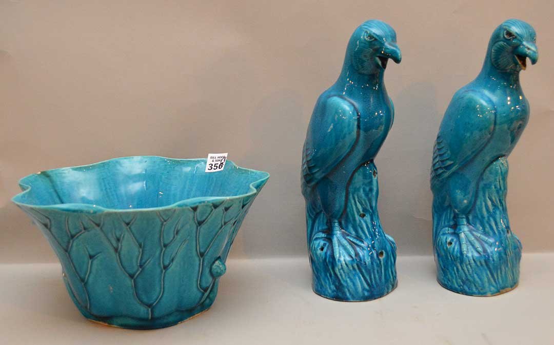 2 Chinese ceramic turquoise birds and bowl (1 of 6)