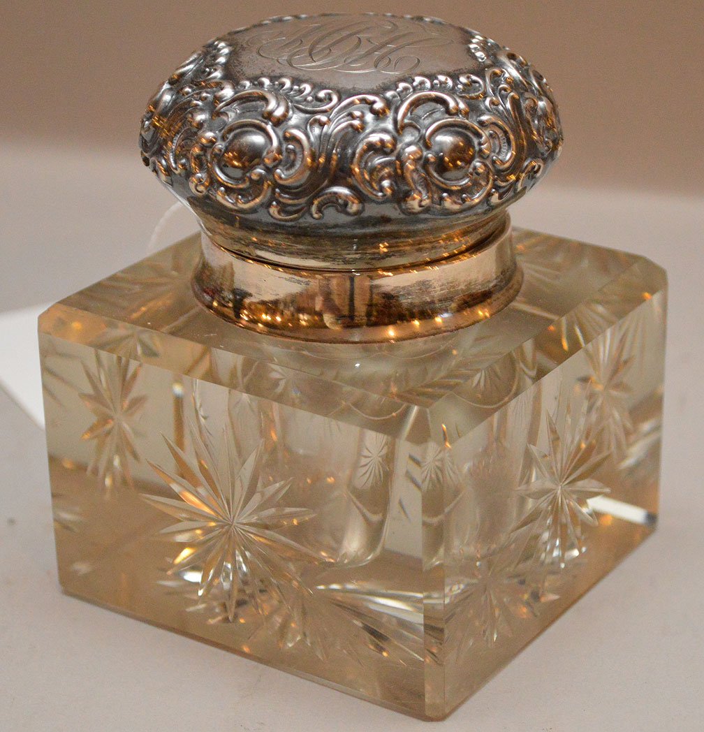 Sterling and cut crystal inkwell, 3 3/4" x 3" (1 of 4)