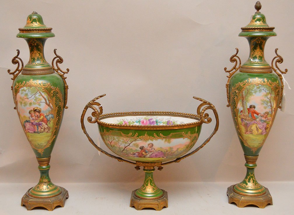 3 Piece "Sevres" Porcelain & Bronze Garniture. (1 of 7)