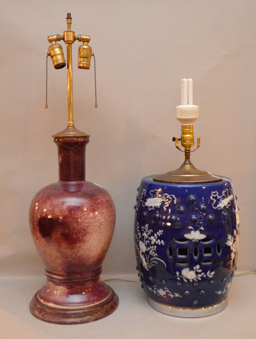 Two Chinese Porcelain Lamps.  One Blue Ht. 14" One Ox (1 of 3)