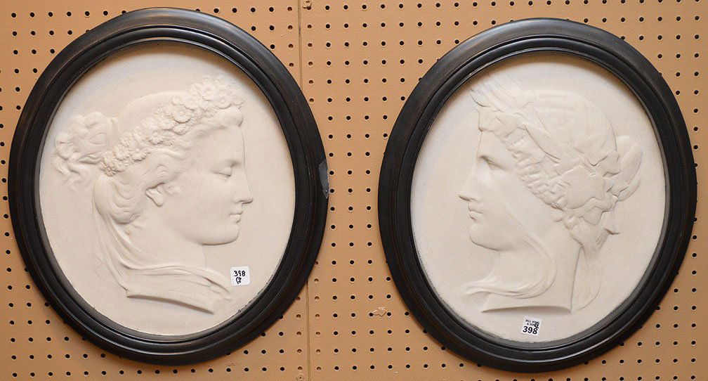 2 salt glaze framed plaques, classical raised female (1 of 3)