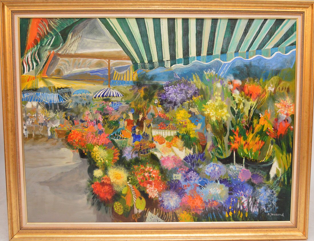 Monique Journod (FRENCH, 1935) oil on canvas, "Floral: Monique Journod (FRENCH, 1935) oil on canvas, "Floral Café Scene" signed on front & back, 38" x 50" in gold gallery frame