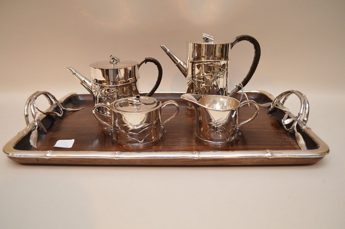 5 Piece Japanese Silver And Rosewood Tea Set. (1 of 10)