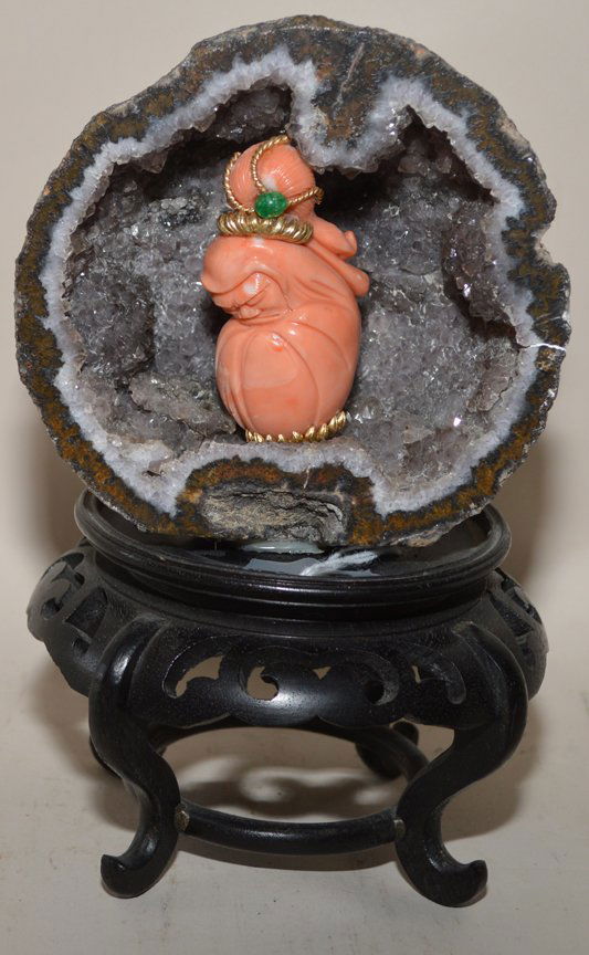 Chinese Coral Carving mounted with gold and jade (1 of 5)
