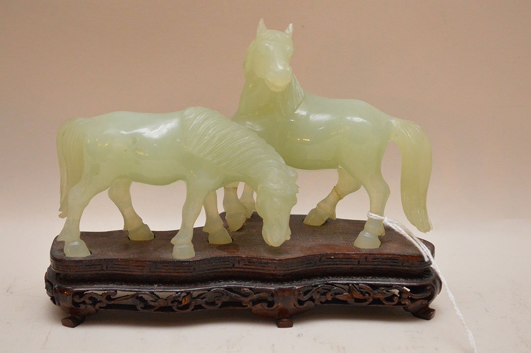 Pair Chinese Jade Horses on a custom carved wood base. (1 of 6)