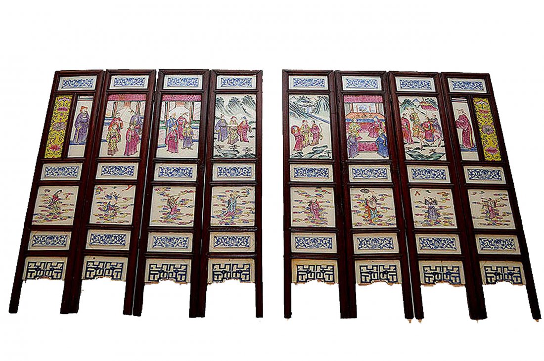 2 framed porcelain paneled Chinese screens (4 panels (1 of 9)