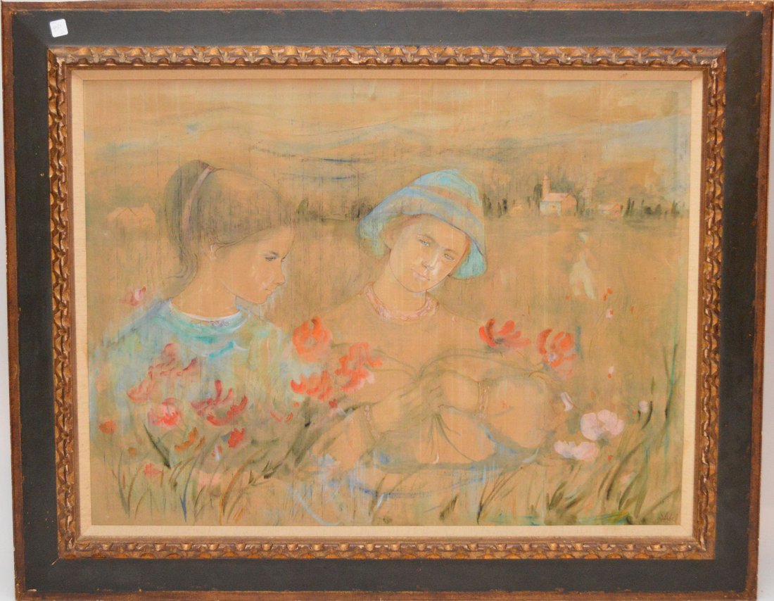 Edna Hibel (AMERICAN, 1917) gouache on silk, two girls (1 of 4)