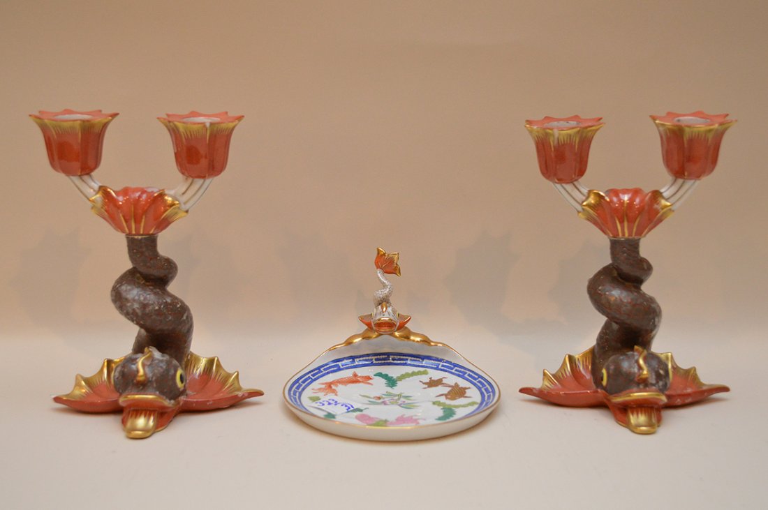 3 Herend pieces, pair of fish candlesticks (6 5/8"h) (1 of 4)