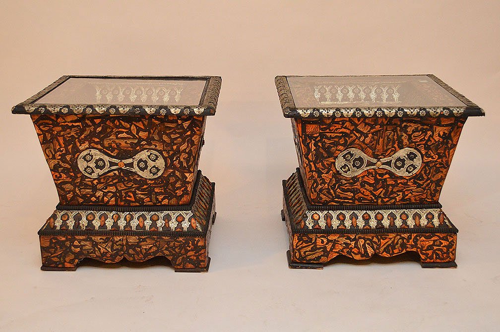 Pair Turkish end tables with bone and silver: Pair Turkish end tables with bone and silver embellishments, 20"h x 22"w