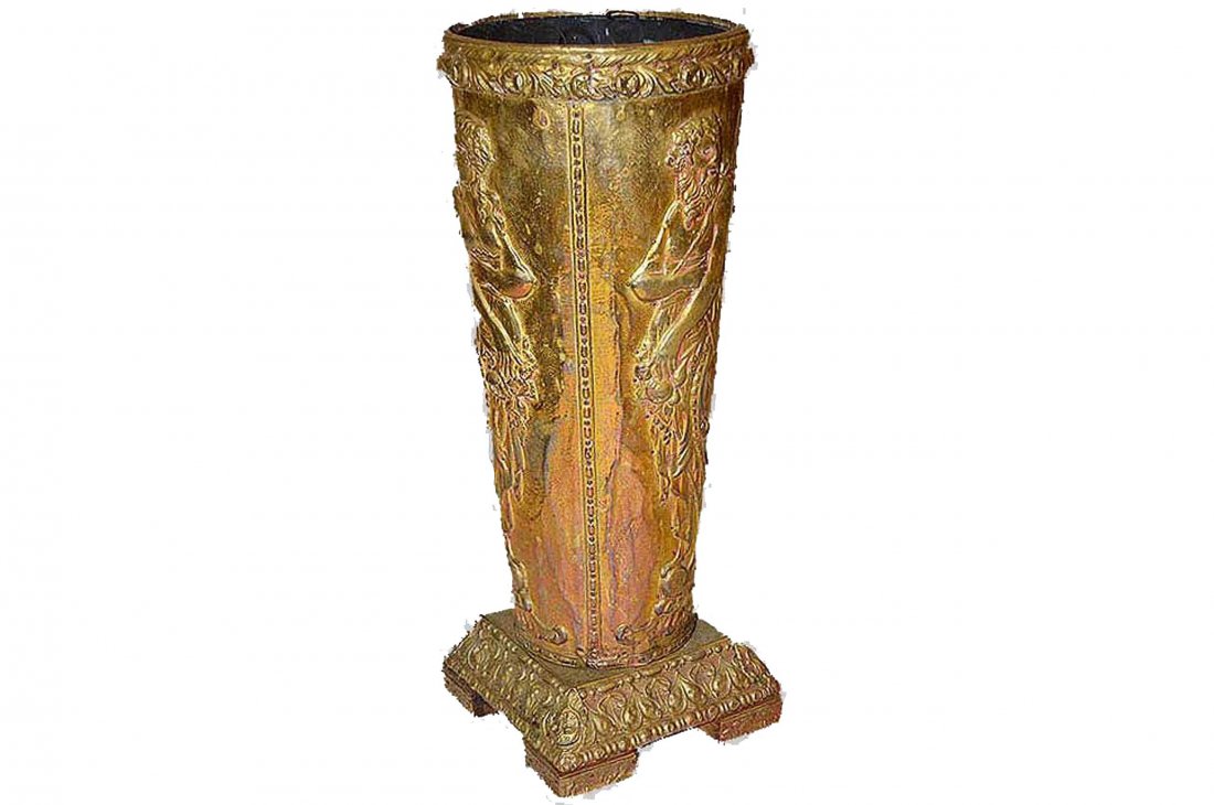 Hammered brass umbrella stand with figural relief (1 of 4)
