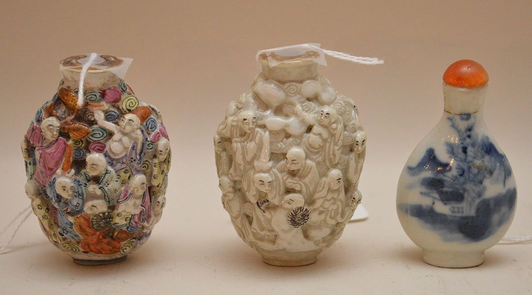 3 Snuff Bottles.  Two Figural porcelain both missing (1 of 4)