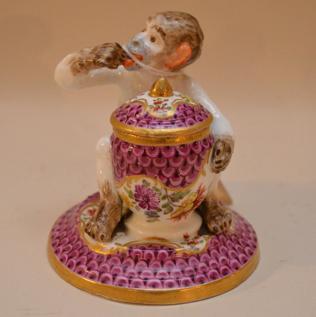 Dresden monkey with covered pot, 4"h: Dresden monkey with covered pot, 4"h