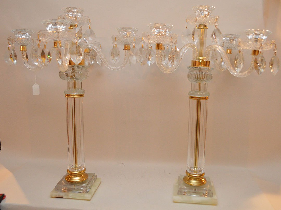 Pair 5 Light Crystal Candelabra.  Condition: good with (1 of 4)