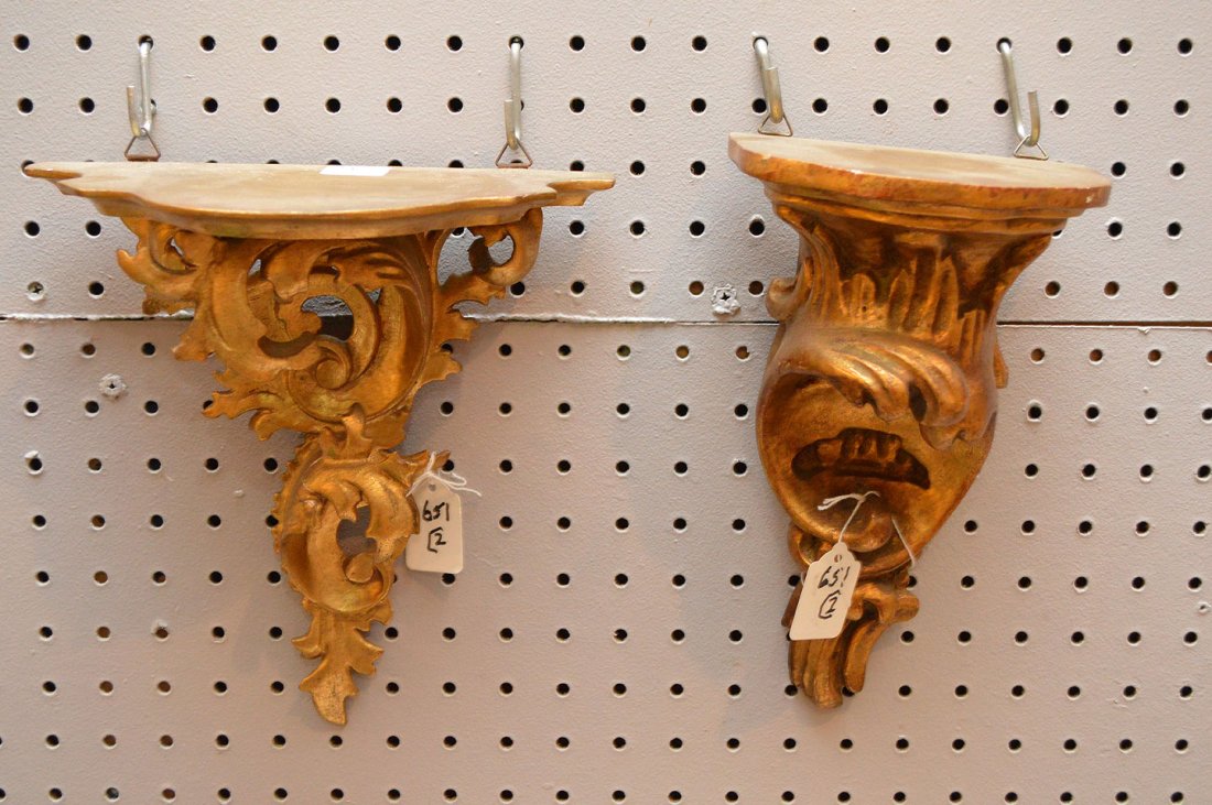 2 wood brackets painted gold, 10"L and 10 1/4"L: 2 wood brackets painted gold, 10"L and 10 1/4"L