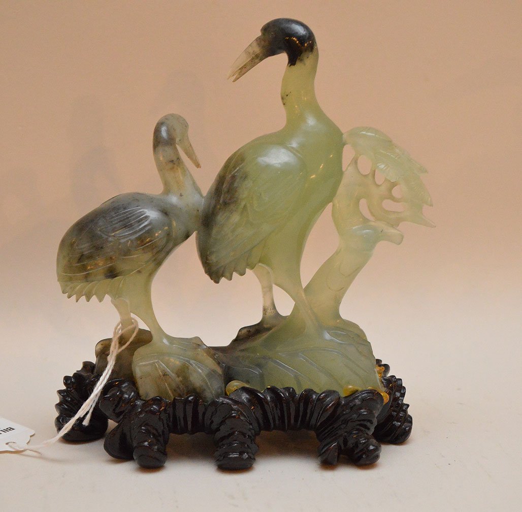 Carved Jade Group depicting two cranes with foliage on (1 of 2)
