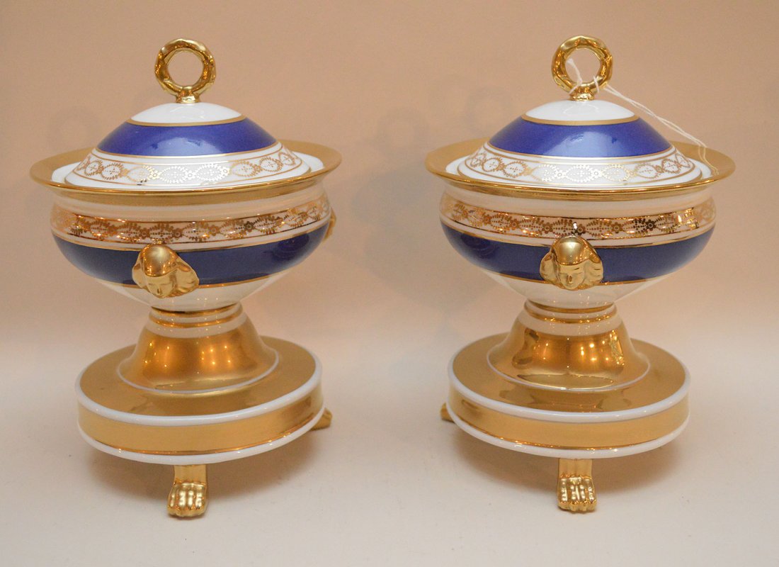 Pair Chelsea House blue with gold trim compotes, 9"h (1 of 2)