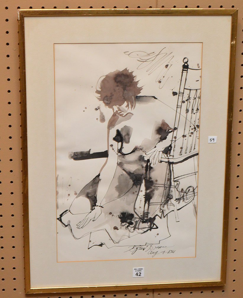 Byron Browne (NY 1907 - 1961) Pen and ink and brush: Byron Browne (NY 1907 - 1961) Pen and ink and brush drawing, abstract lady in a chair, dated Aug. 4 1961, sight size 19" x 12"
