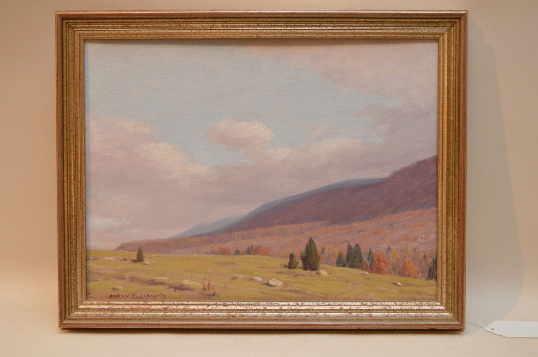Andrew Thomas Schwartz (American 1867 - 1942) oil on: Andrew Thomas Schwartz (American 1867 - 1942) oil on canvas board, Landscape-rolling hills, 12" x 16"