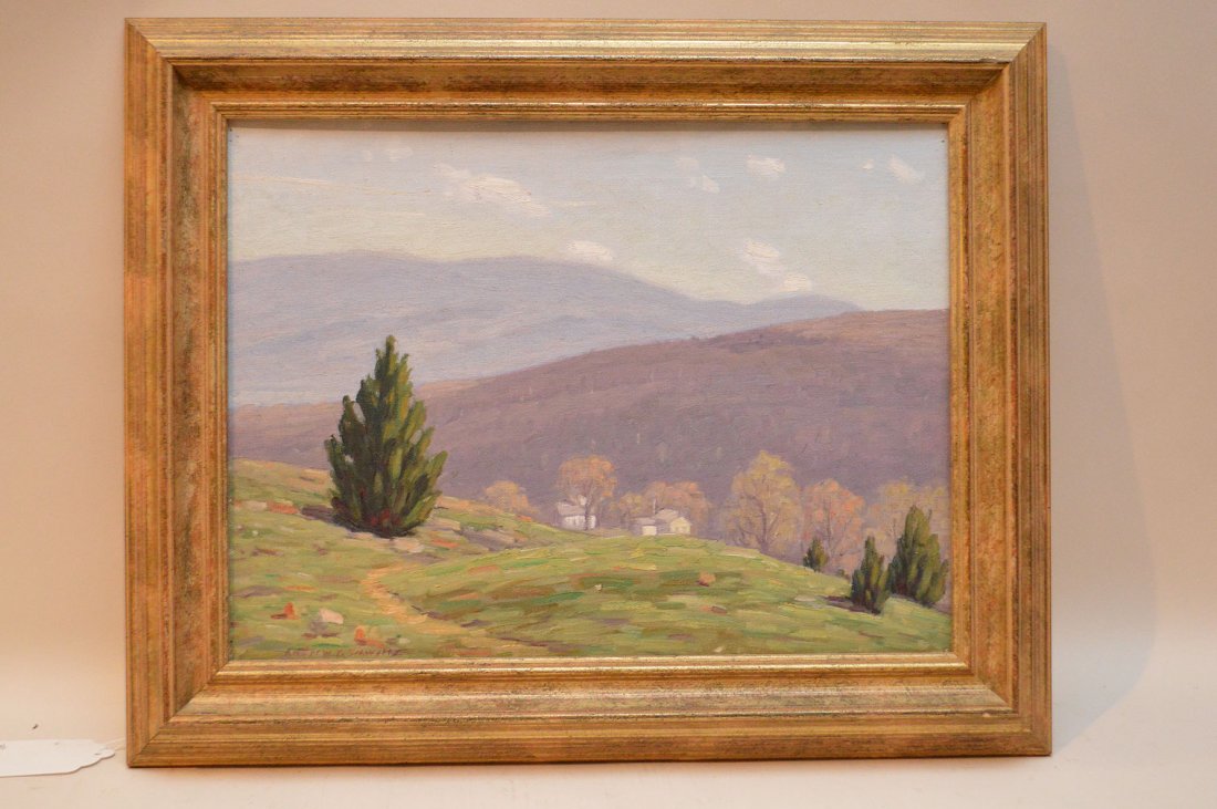 Andrew Thomas Schwartz (NY 1867 - 1942) oil on canvas: Andrew Thomas Schwartz (NY 1867 - 1942) oil on canvas board, hillside with little white houses, approx. 12" x 16"