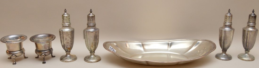 7 sterling pieces, 4 salt and peppers, bread tray and 2 (1 of 2)