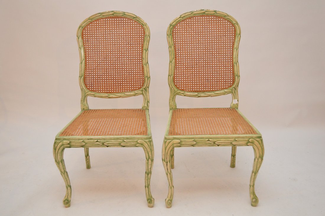 Pair of carved side chairs, green and cream colored (1 of 2)