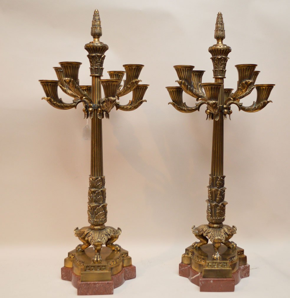 Pair 8 Light Bronze Candelabra with marble bases. (1 of 3)
