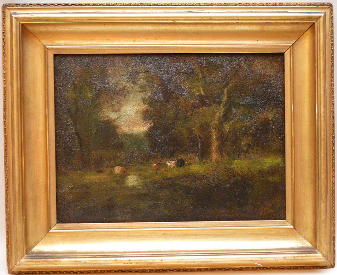 William Keith (Am. 1838 - 1911) oil on board,: William Keith (Am. 1838 - 1911) oil on board, Landscape cows and tree's, 11' x 14-3/4"