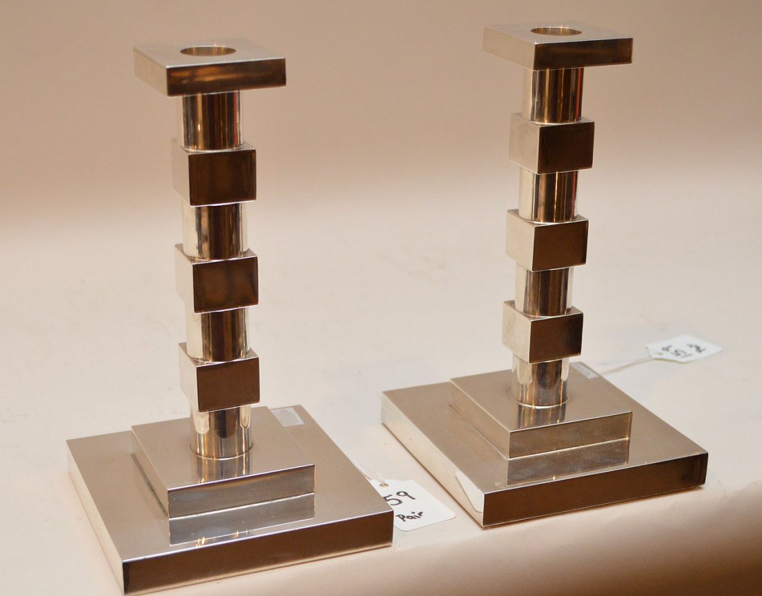 Pair Bvlgari Sterling Deco Form Candlesticks.  Each (1 of 9)