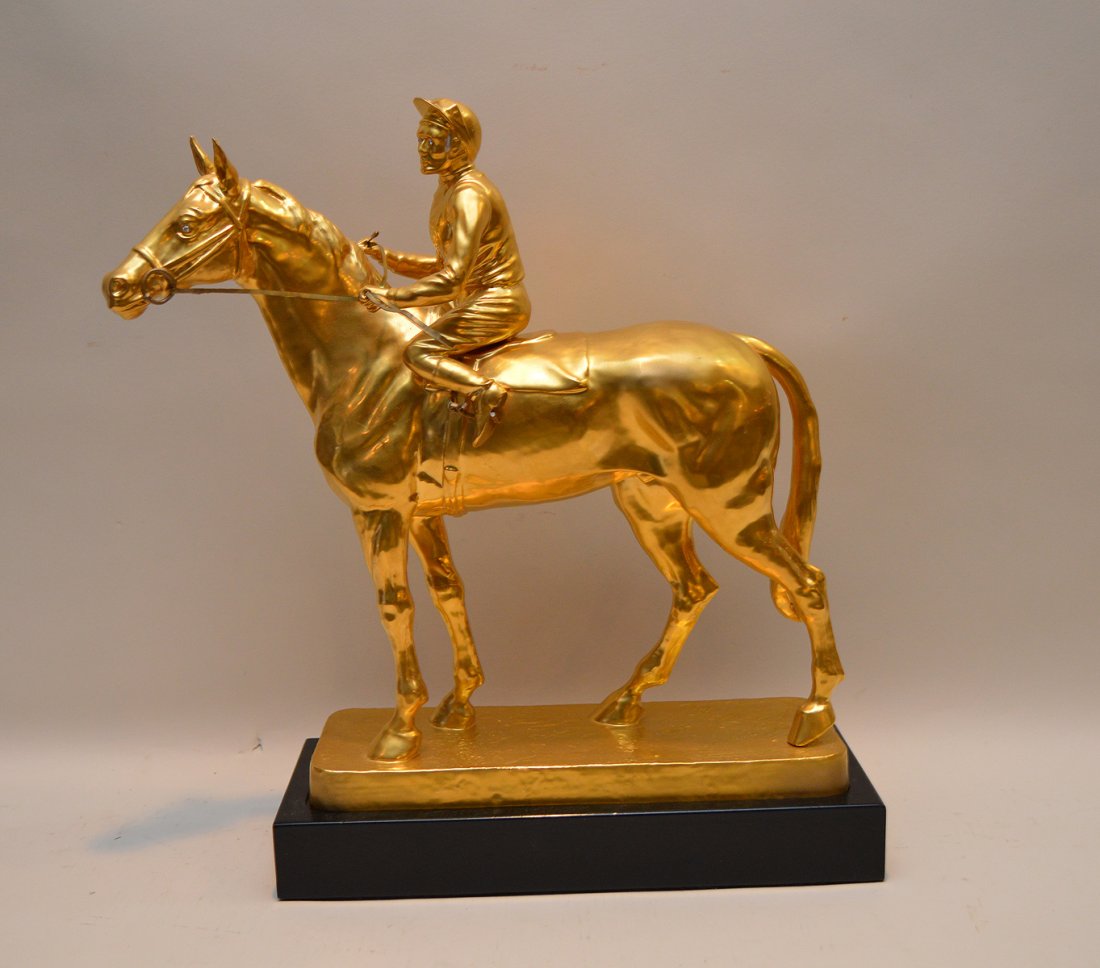Gold Boehm porcelain horse with jockey, diamond eyes,: Gold Boehm porcelain horse with jockey, diamond eyes, Honoring Pop Warner Little Scholars, fitted stand, 14 3/4"h x 15"w