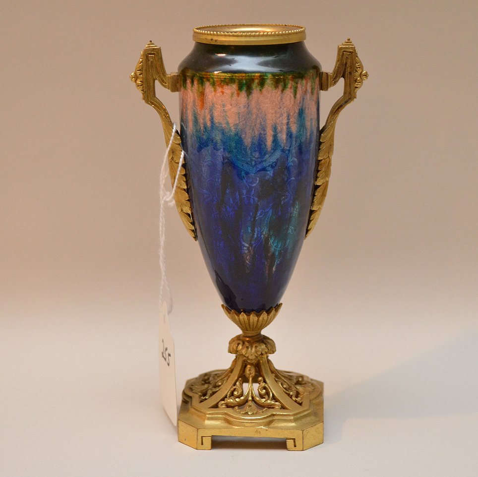Blue and pink enamel miniature urn with bronze mounts, (1 of 3)