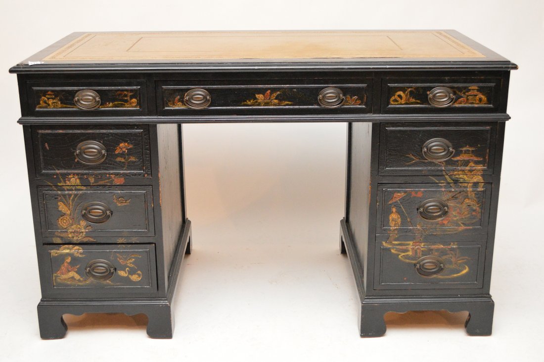 Black lacquer desk, kneehole style painted decoration, (1 of 6)