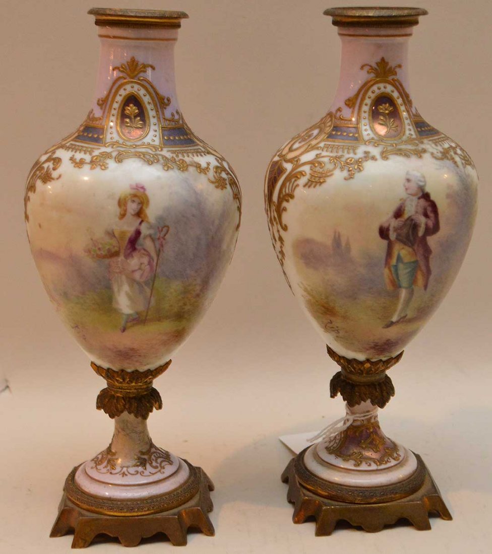 Pair porcelain urns with gilded accents and gilt metal (1 of 6)