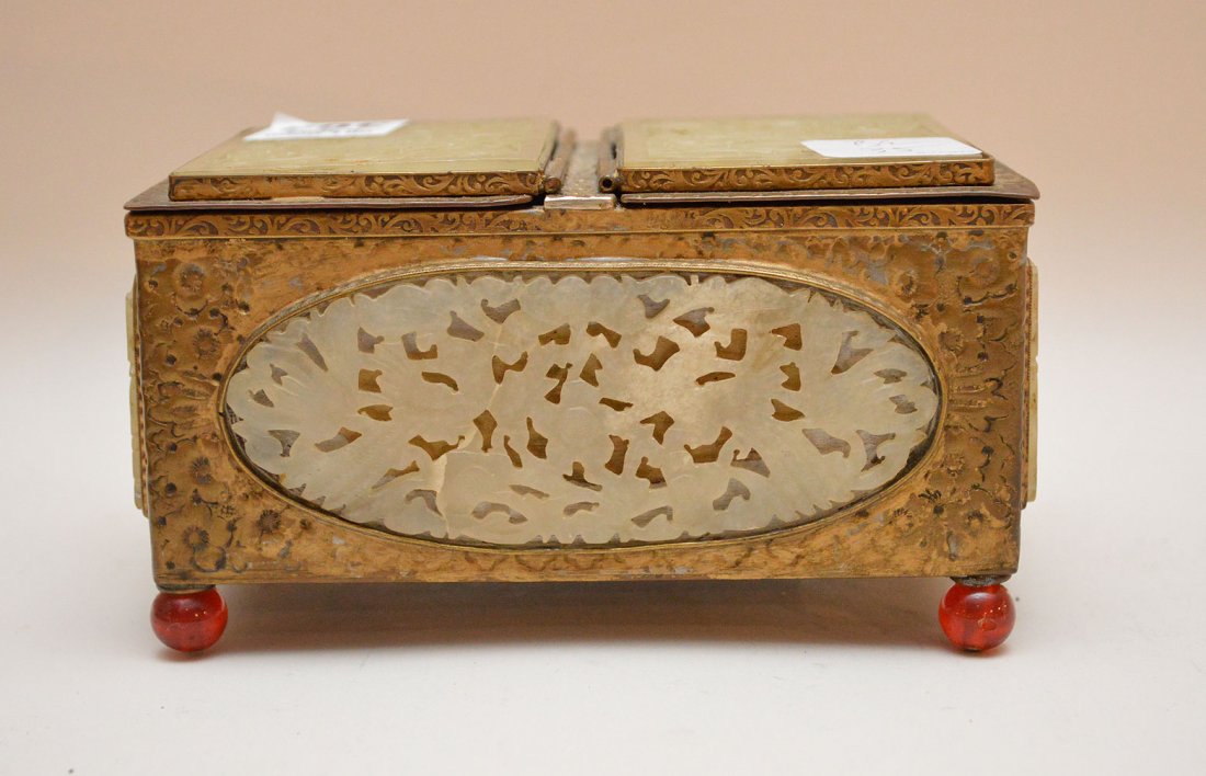 Brass Box With Jade inserts.  H. 3 1/2" W. 5 1/2" D. 3 (1 of 5)