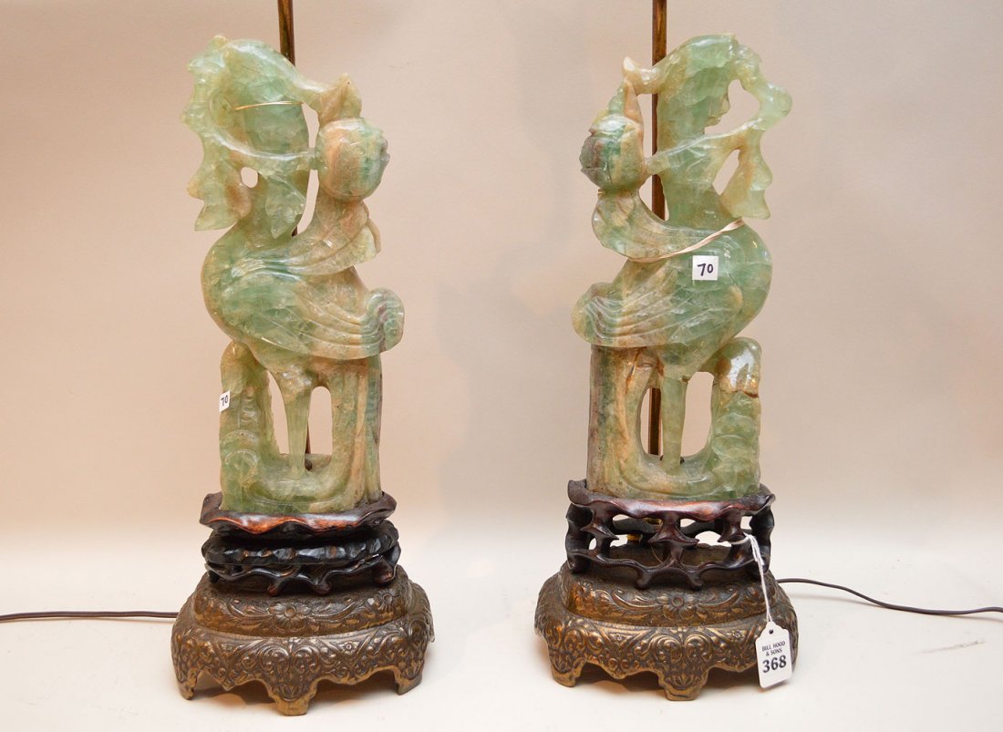 Pair Carved Jade Birds Mounted As Lamps.  HT. 12" (1 of 9)