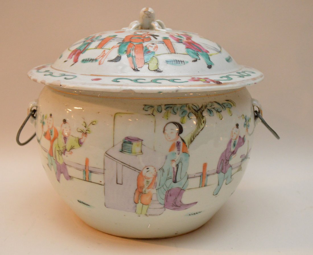 Chinese covered pot with metal handles, figures and (1 of 10)