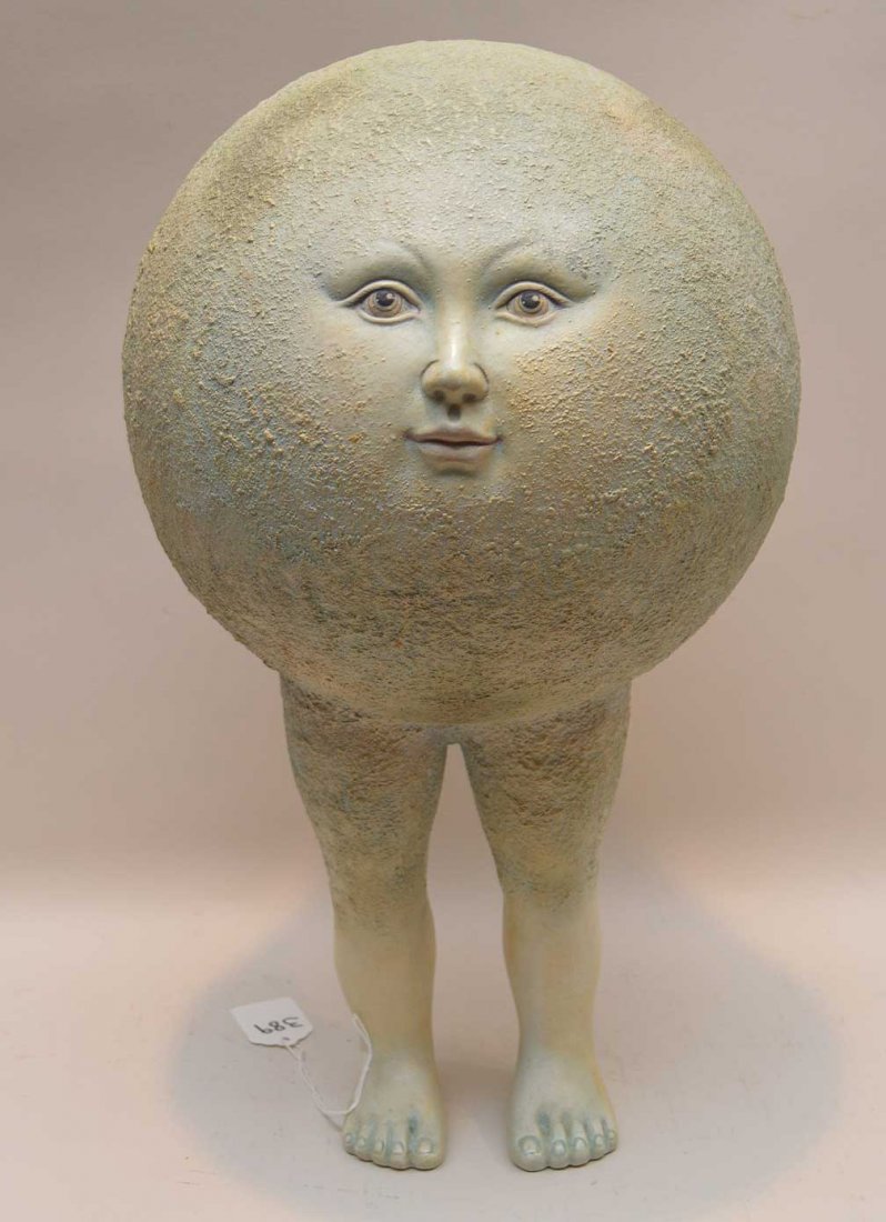 Sergio Bustamante "Round Face With Legs" Ceramic: Sergio Bustamante "Round Face With Legs" Ceramic Sculpture. Ht. 16"