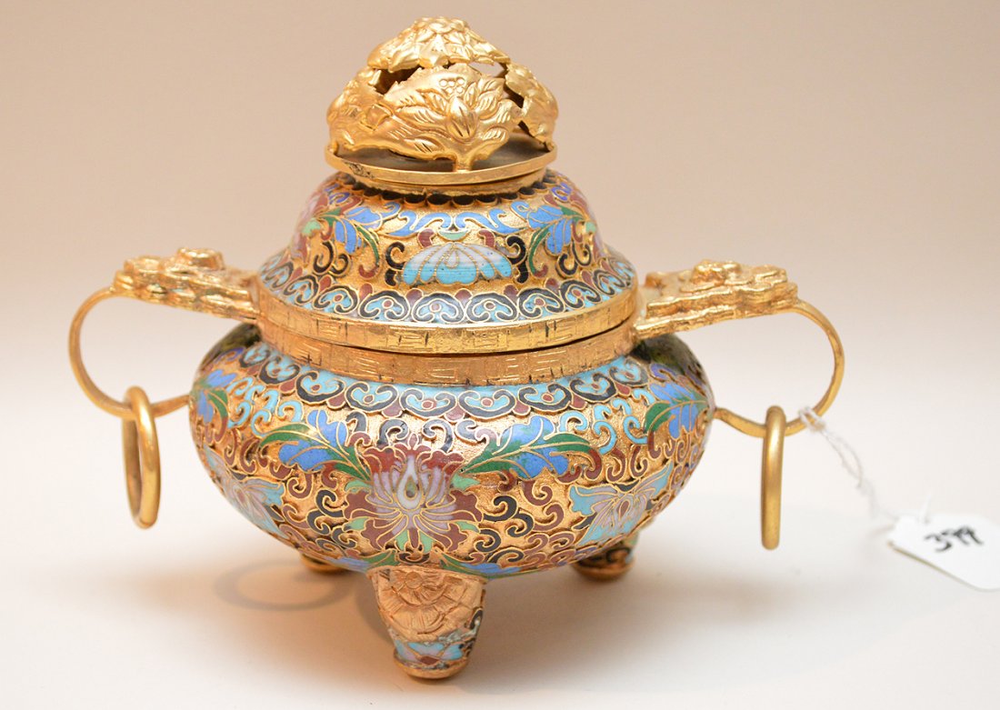3pc. Cloisonné footed incense burner, 5"h x 6 1/4"w (1 of 3)
