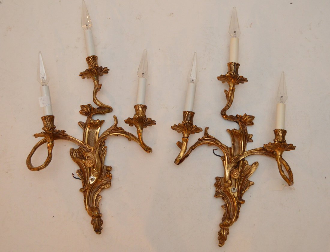 Pair 3 Light Bronze Rococo Style Sconces.  Condition: (1 of 3)