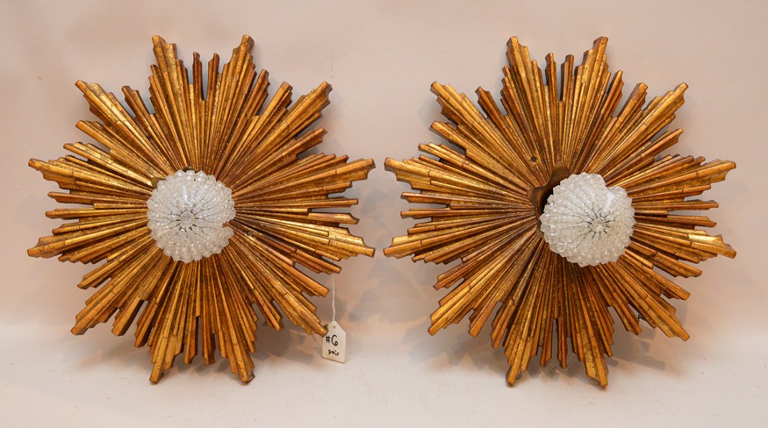 Pair Gilt Metal Sunburst Sconces.  Dia. 14" (1 of 4)