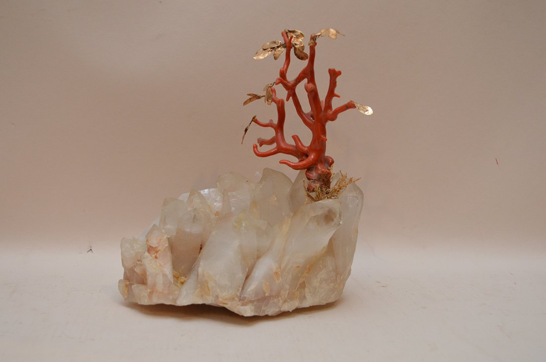 Red Coral With 14K Leaves On a Rock Crystal Base.  Ht. (1 of 4)