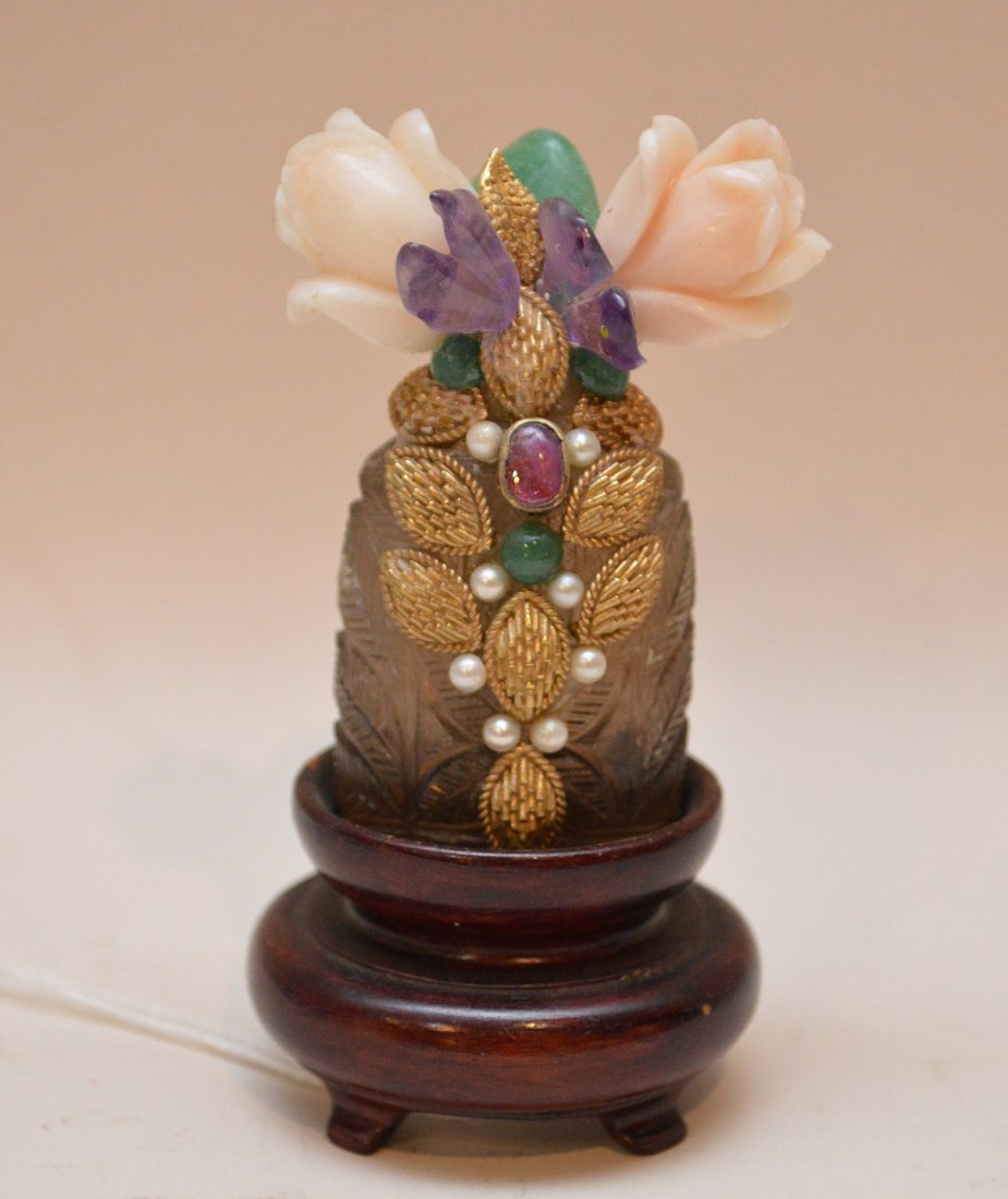 Hardstone Carving Mounted with 14K yellow gold, Jade,: Hardstone Carving Mounted with 14K yellow gold, Jade, Amethyst, and Coral. The hardstone has a natural inclusion which can bee seen if held up to the light.