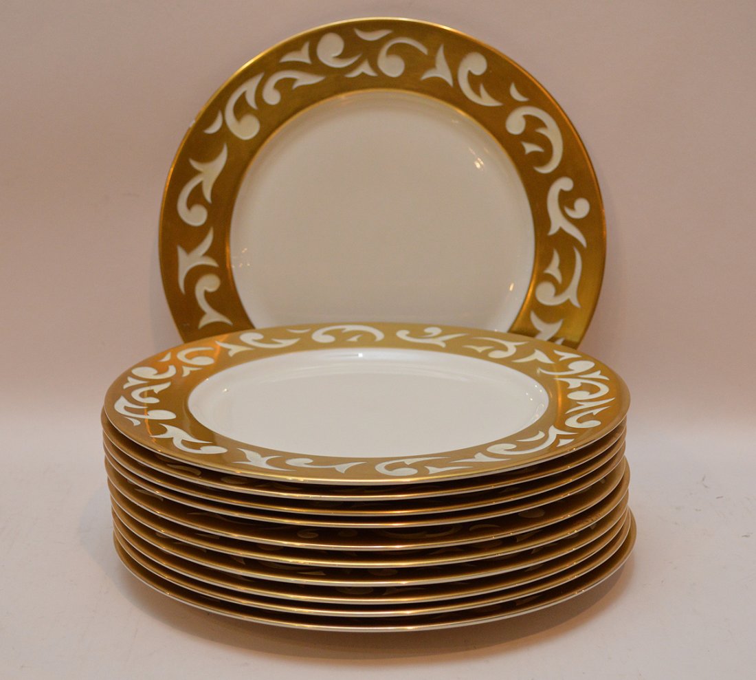 Set 12 Gold Rim Plates with Carved Decoration Made: Set 12 Gold Rim Plates with Carved Decoration Made Expressly For Carole Stupelly. Dia. 10 5/8"