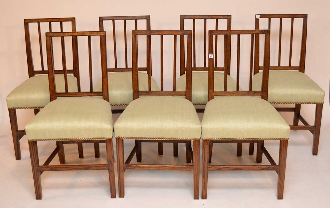 Set of 7 Oak frame side chairs with green upholstery (1 of 3)
