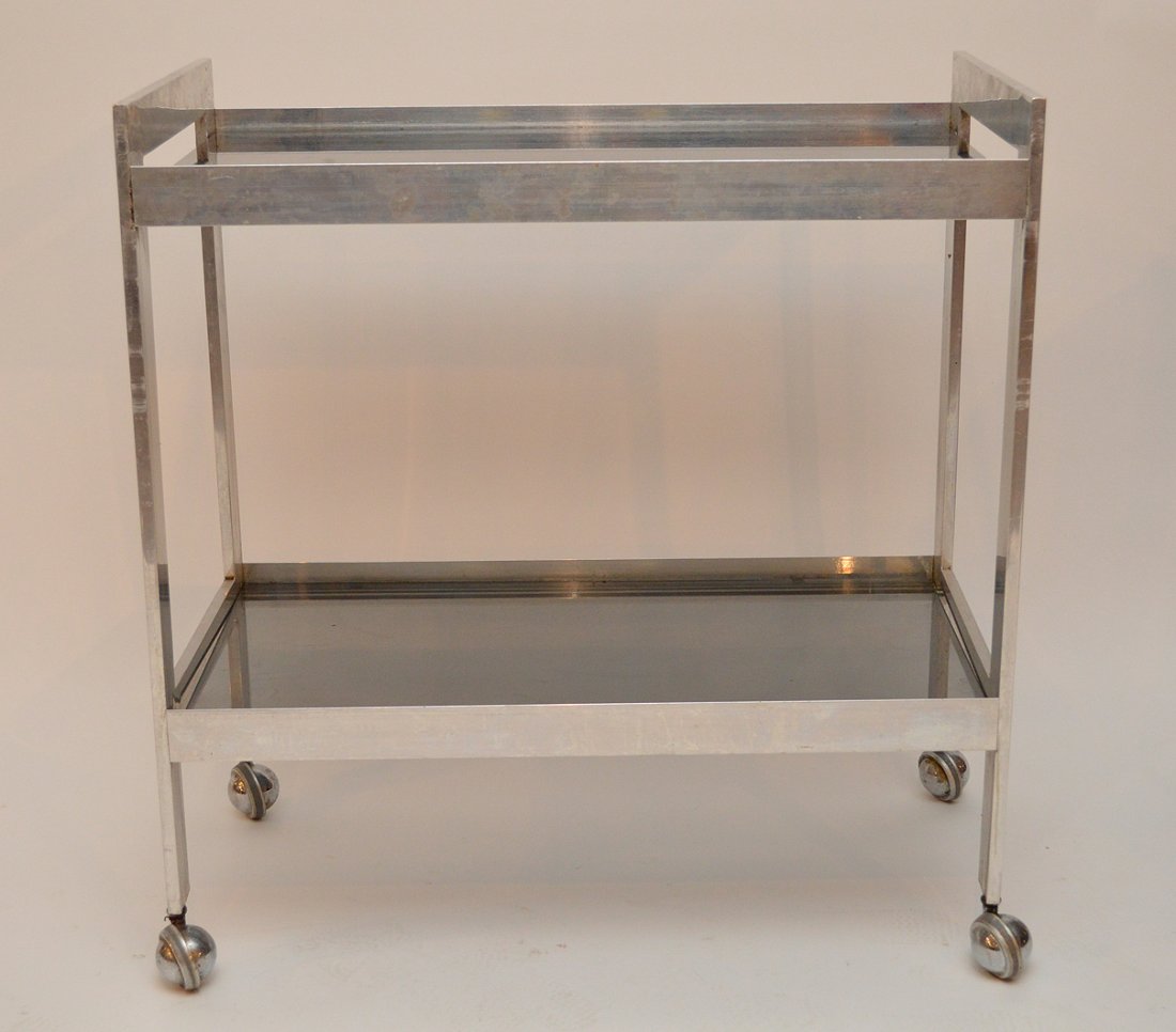 Mid Century Modern Aluminum & Smoked Glass Cart. Ht.: Mid Century Modern Aluminum & Smoked Glass Cart. Ht. 32" W. 30" D. 16"