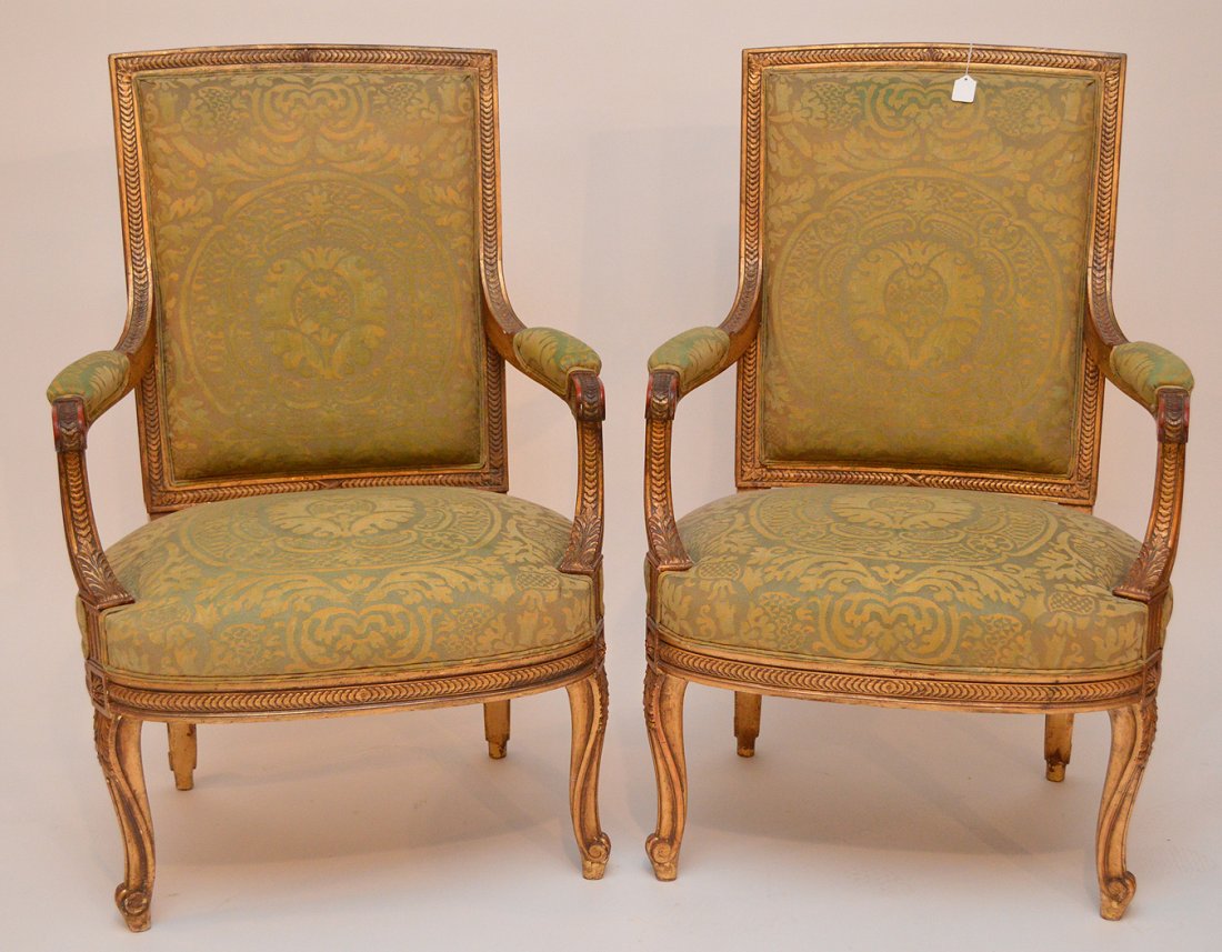 Pair giltwood arm chairs with Fortuny fabric, 39"h x (1 of 4)