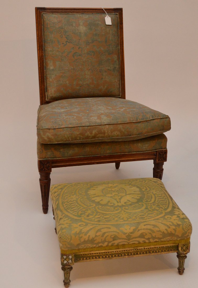 19th c. low chair with mahogany frame, Fortuny fabric, (1 of 4)